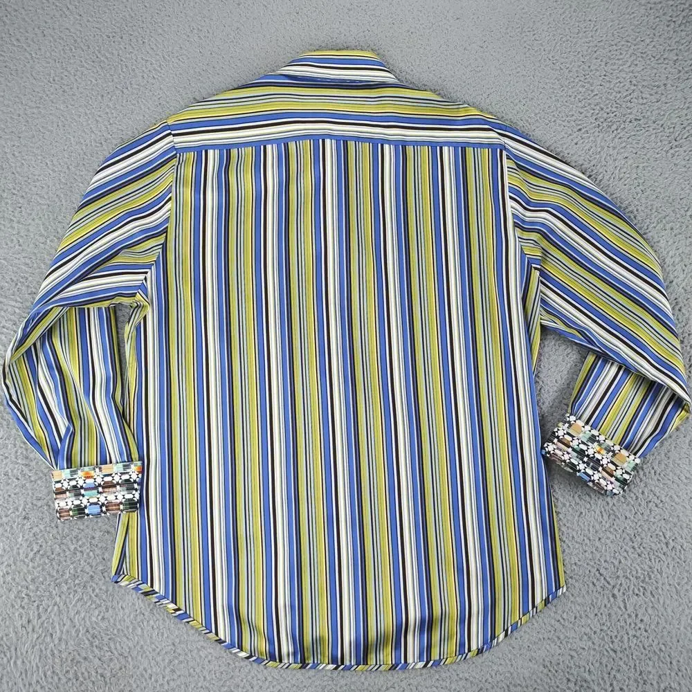 Robert Graham Shirt Mens XL Green Striped Classic Fit Flip Cuff Button Down
